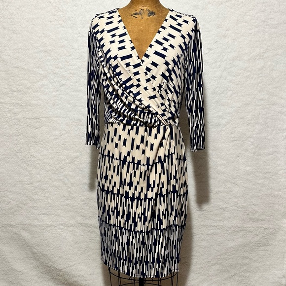 Lux II faux wrap blue and off-white dress - size 14 - Picture 1 of 5